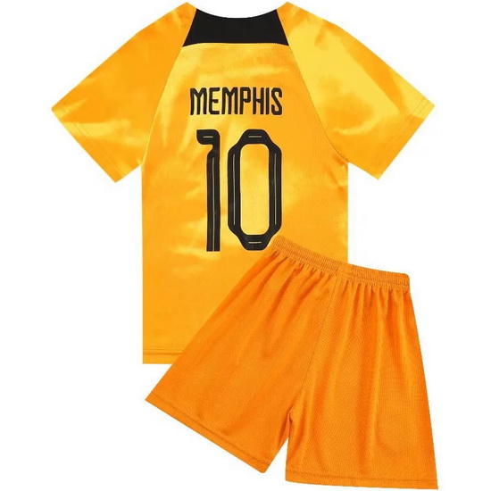 2022 Memphis Depay #10 Gold Netherlands Home Kids Soccer Shirt