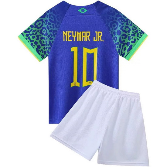 2022 Neymar Jr #10 Blue Brazil Away Kids Soccer Shirt