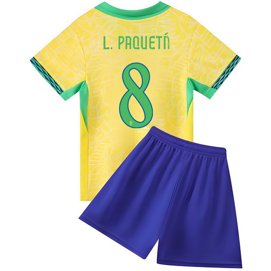 2024 Lucas Paqueta #8 Yellow Brazil Home Kids Soccer Jersey