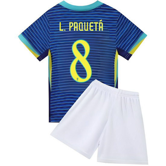 2024 Lucas Paqueta #8 Blue Brazil Away Kids Soccer Jersey